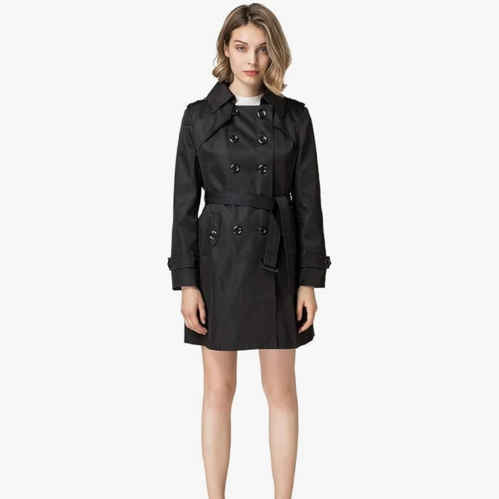 🚫SOLD ON MERC🚫 NWT Black Trench Coat women’s double breasted mid length sz 6 - Picture 2 of 14